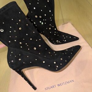 Stuart Weitzman Black Crystal Embellished Heeled Boots